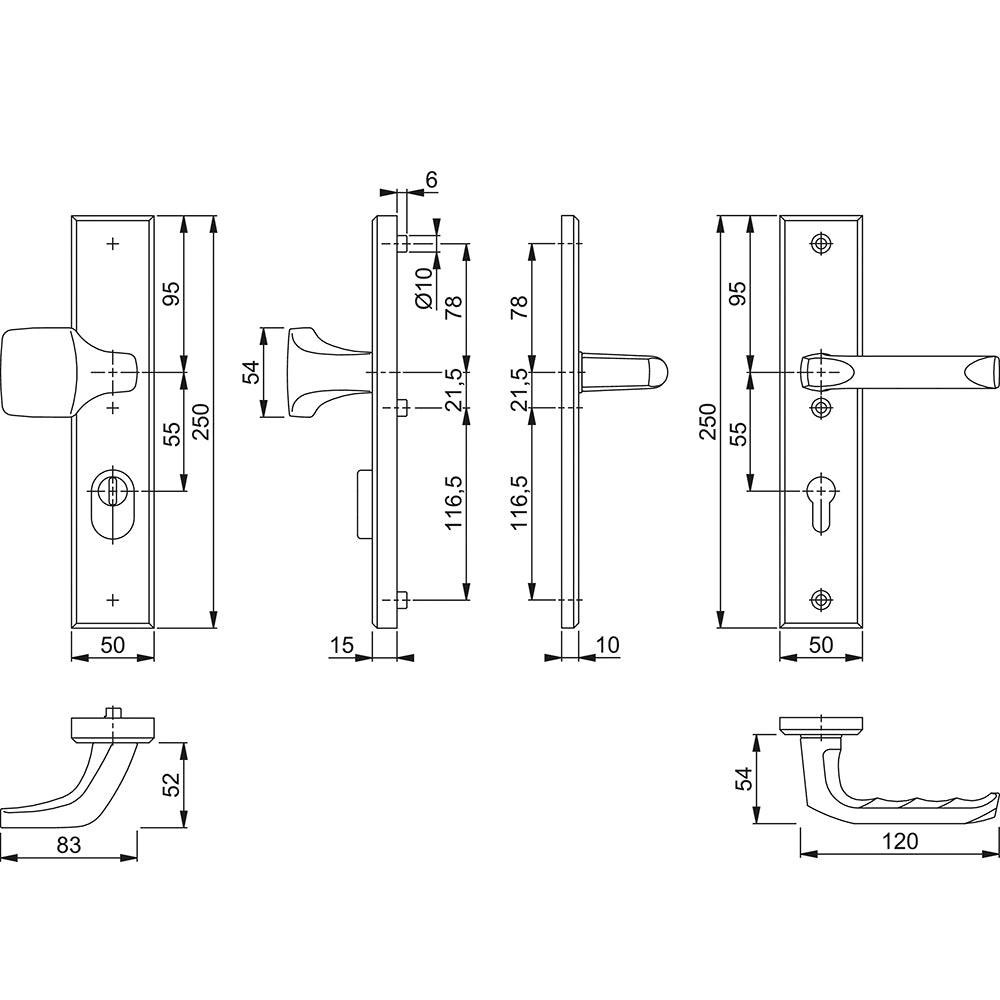 Technische tekening Hoppe London veiligheidsbeslag PC55 greep/kruk met kerntrekbeveiliging F1
