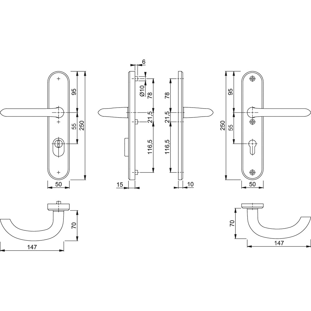 Technische tekening Hoppe Marseille veiligheidsbeslag PC55 kruk/kruk met kerntrekbeveiliging F1
