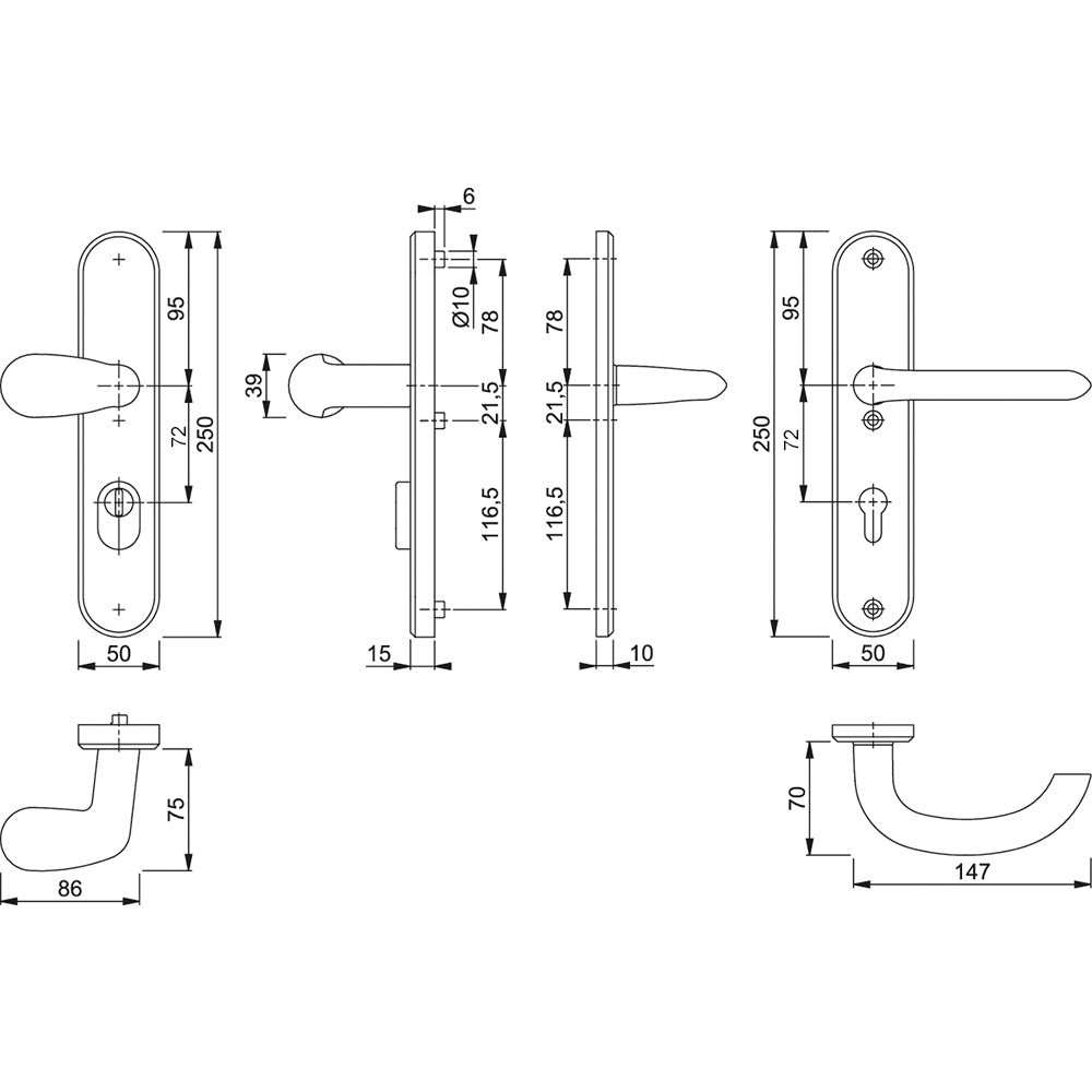 Technische tekening Hoppe Marseille veiligheidsbeslag PC72 greep/kruk met kerntrekbeveiliging F1