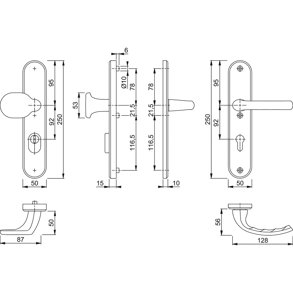 Technische tekening Hoppe Tokyo veiligheidsbeslag PC92 greep/kruk met kerntrekbeveiliging F1
