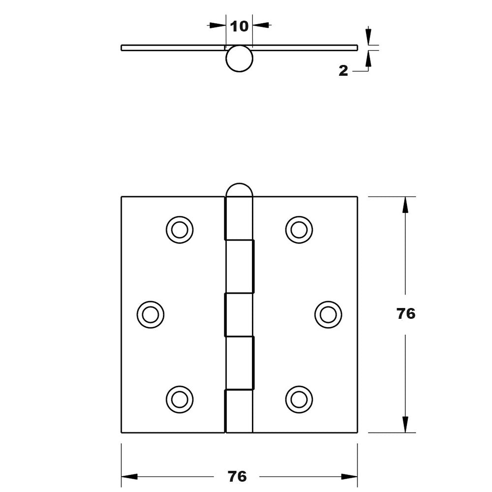 Technische tekening DX scharnier met rechte hoeken 76x76 mm