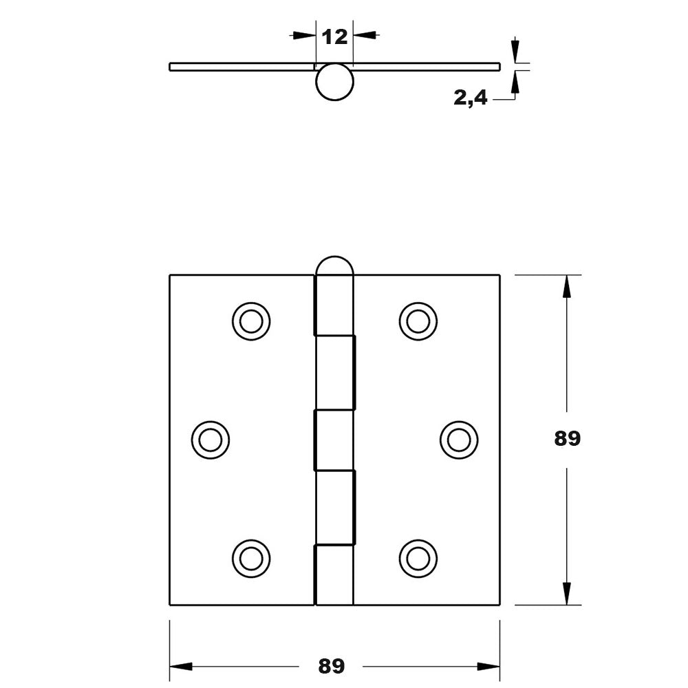Technische tekening DX scharnier met rechte hoeken 89x89  mm