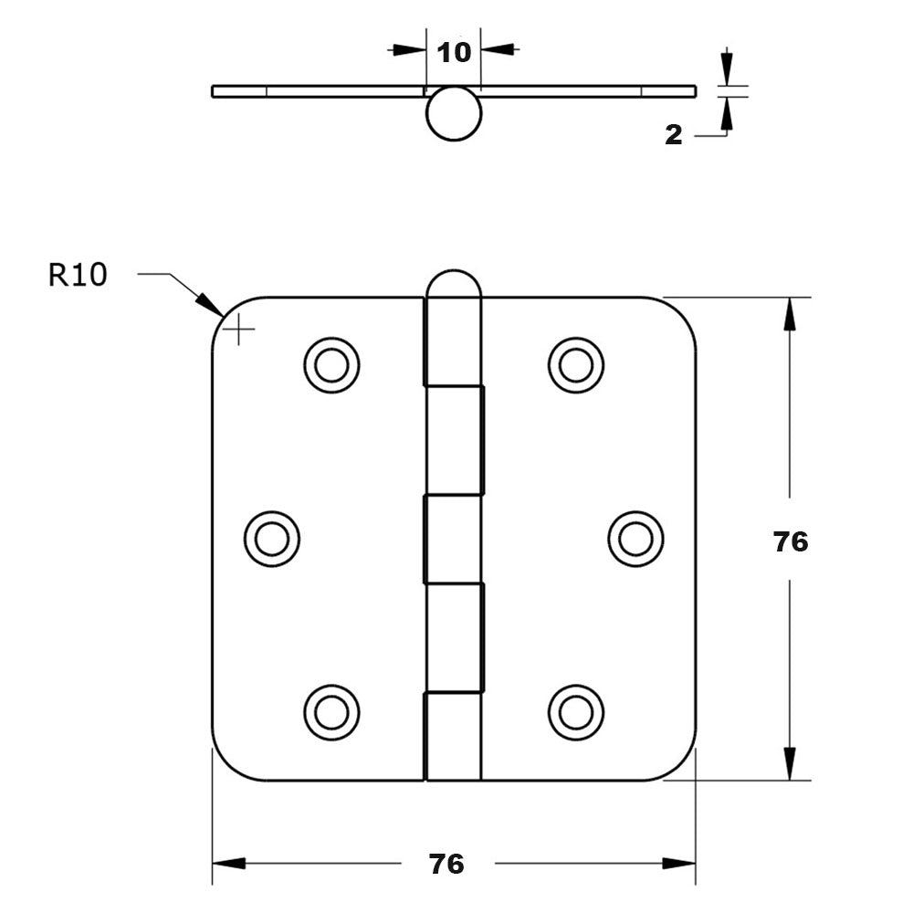 Technische tekening DX scharnier met ronde hoeken 76x76 mm