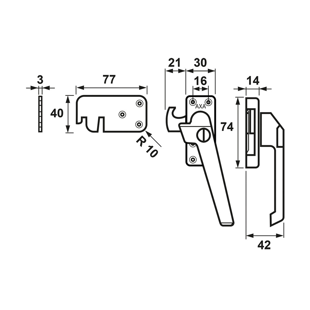 Technische tekening AXA 3319 raamsluiting SKG* met sleutel Rechts Sluithaak