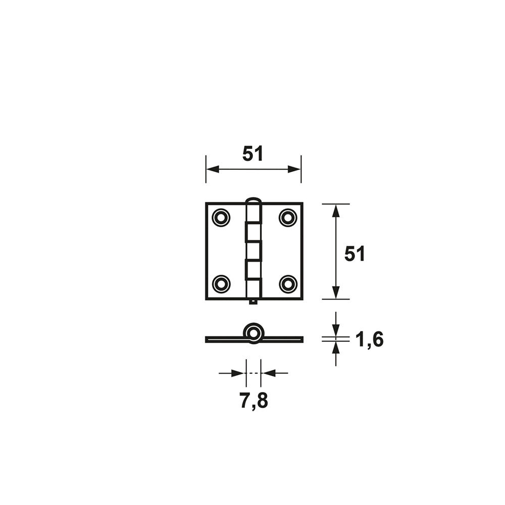 Technische tekening AXA 1103 scharnier 51x51 mm afmetingen