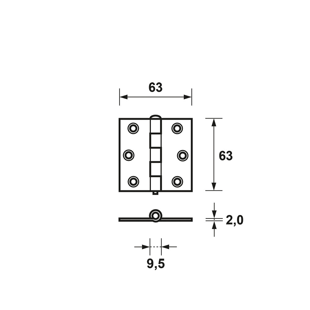 Technische tekening AXA 1103 scharnier 63x63 mm afmetingen