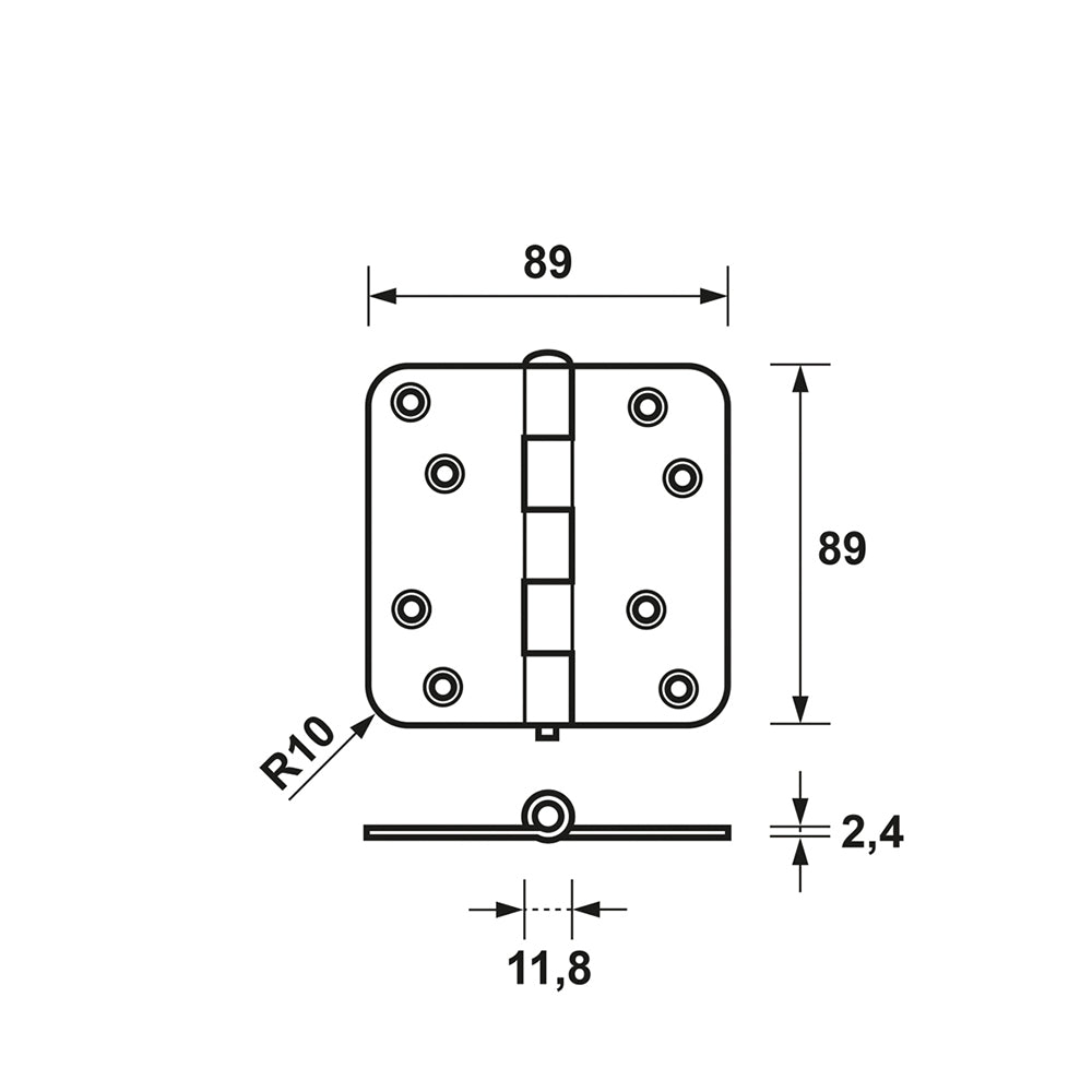 Technische tekening AXA 1105 ongelagerd scharnier 89x89  mm