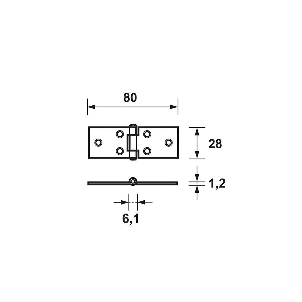 technische tekening AXA 1108 ongelagerd klepscharnier 20x80 mm