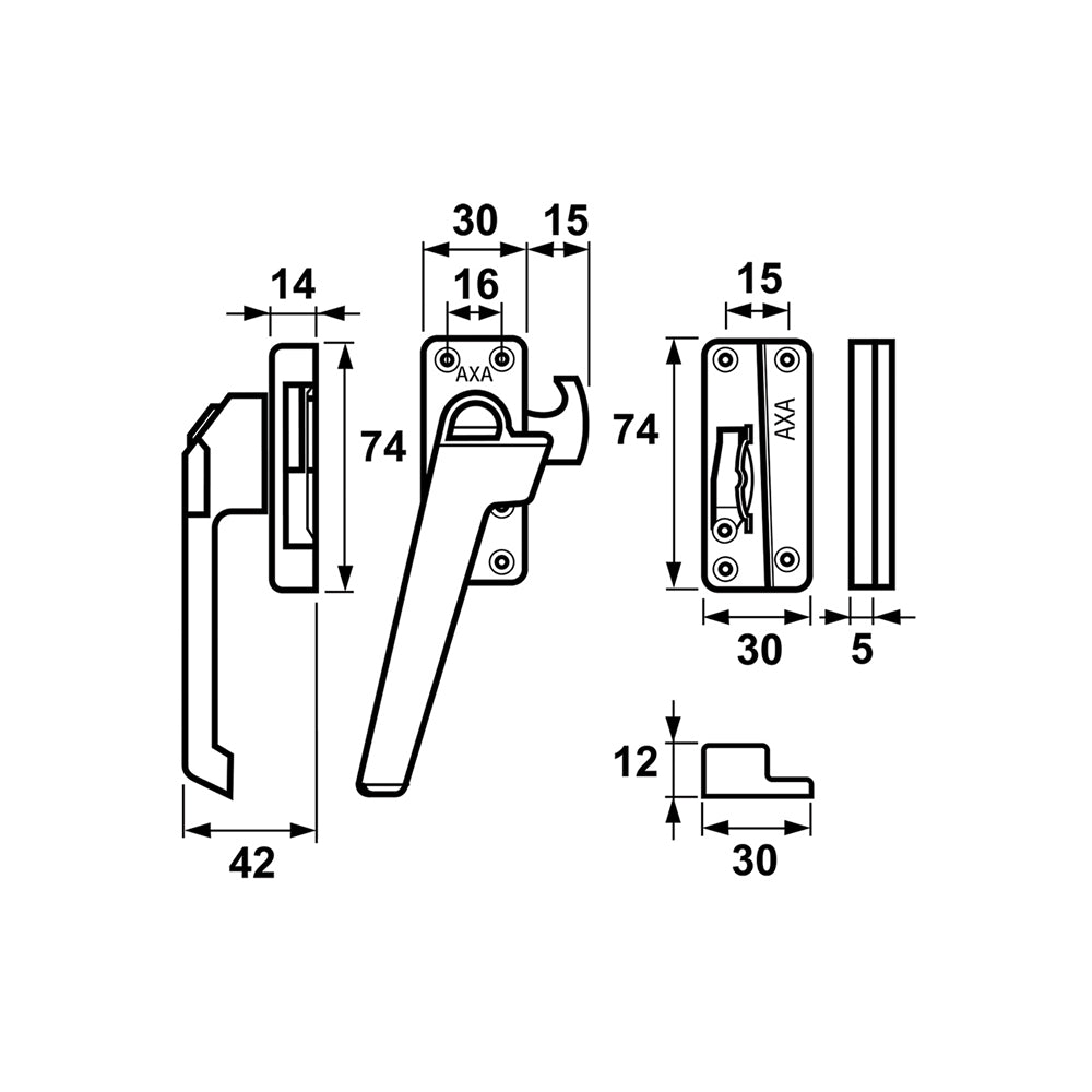Technische tekening AXA 3318 raamsluiting met drukknop links 