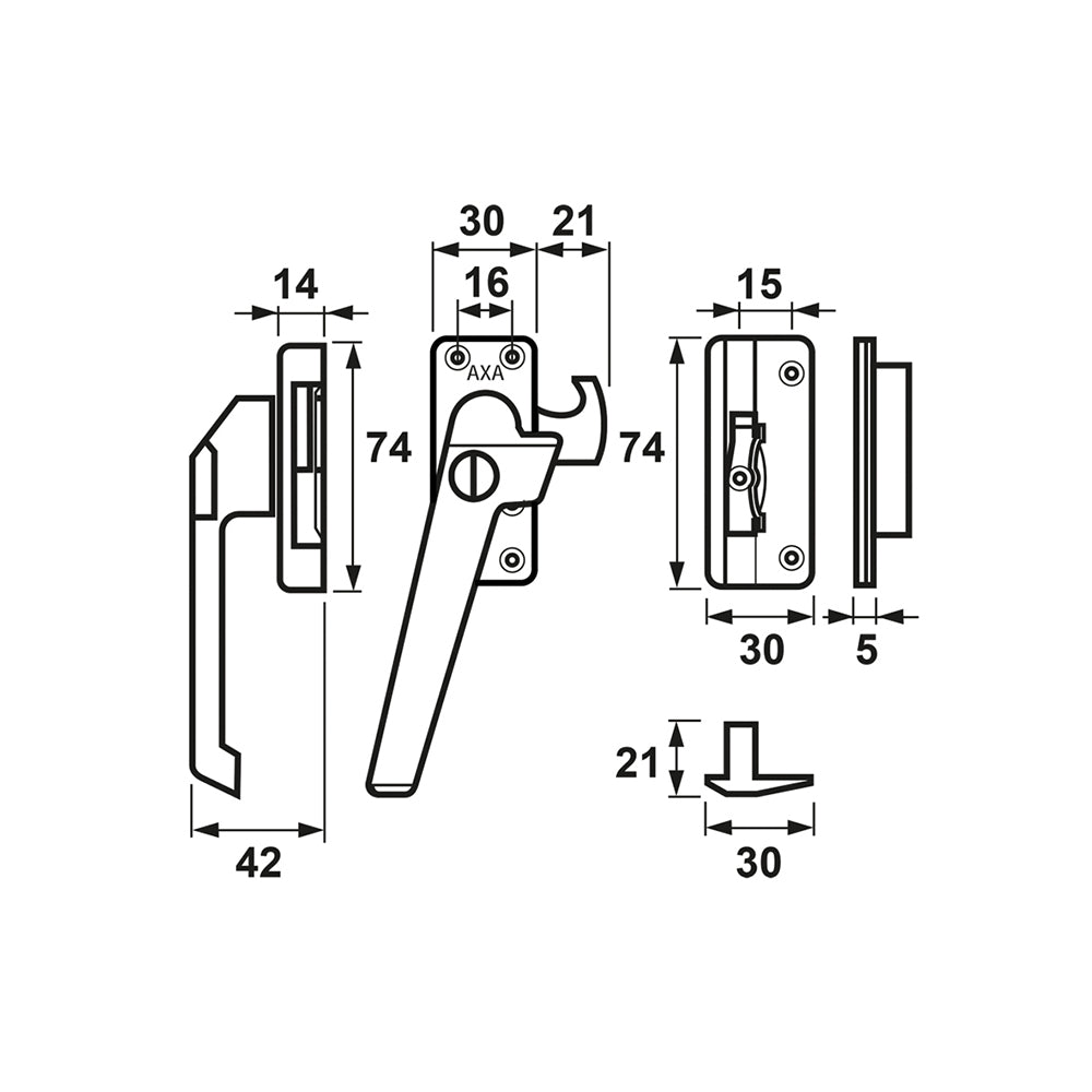Technische tekening AXA 3319 raamsluiting met inbouwsluitkom links
