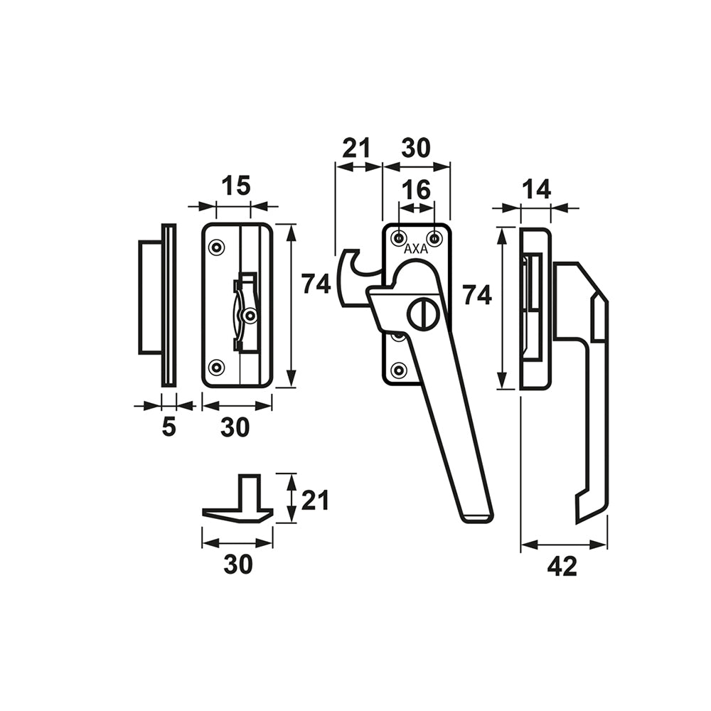 Technische tekening AXA 3319 raamsluiting met inbouwsluitkom rechts
