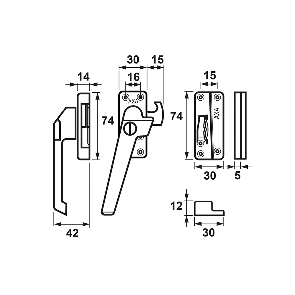 Technische tekening AXA 3319 raamsluiting met opbouwsluitkom links