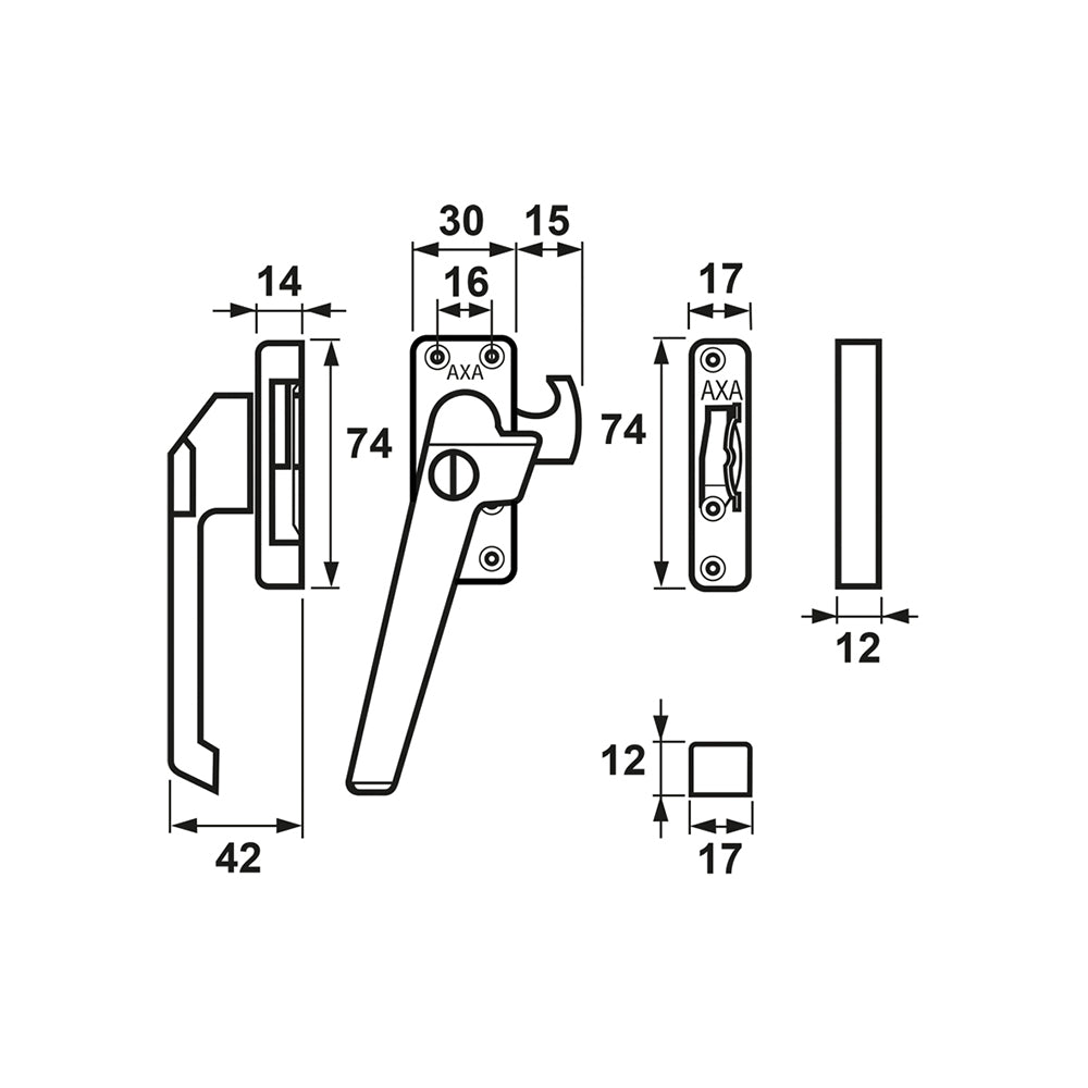 Technische tekening AXA 3319 raamsluiting met smalle sluitkom links