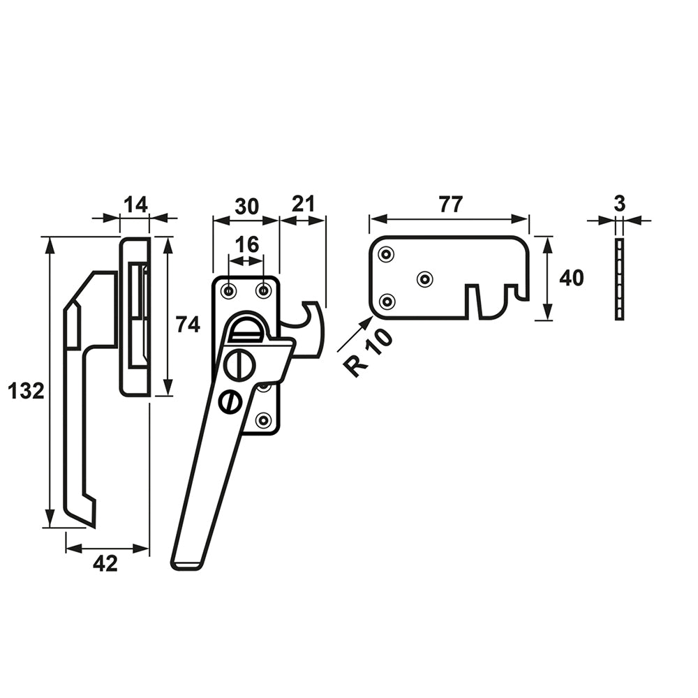 Technische tekening AXA 3320 raamsluiting met sluithaak links