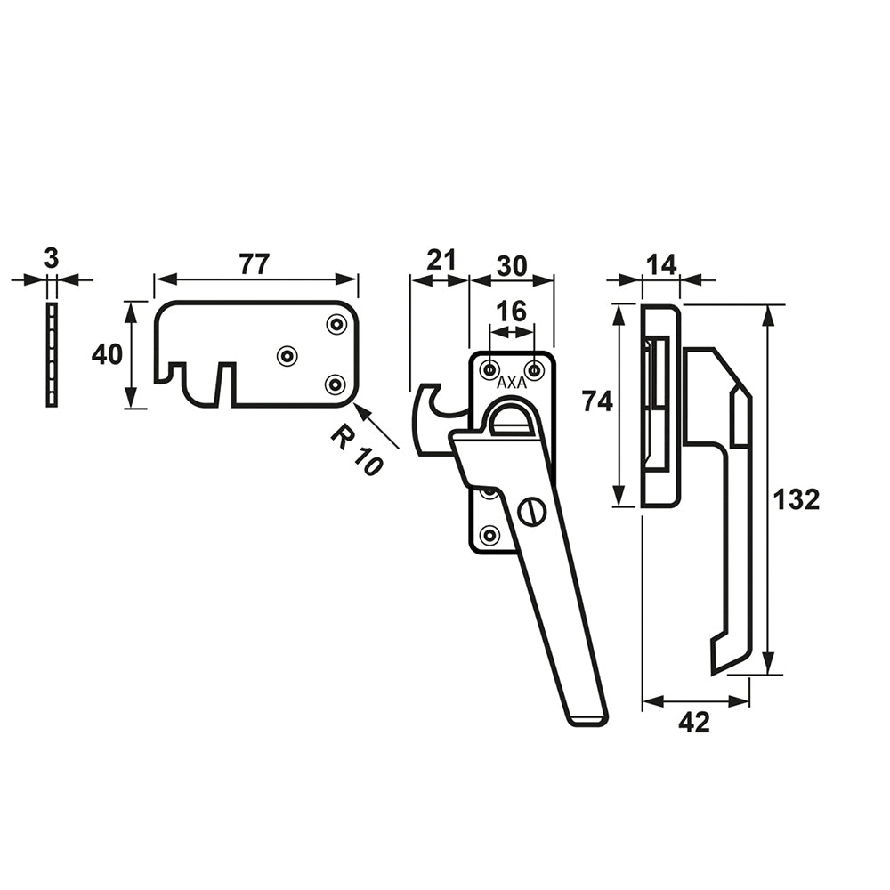 Technische tekening AXA 3320 raamsluiting met sluithaak rechts