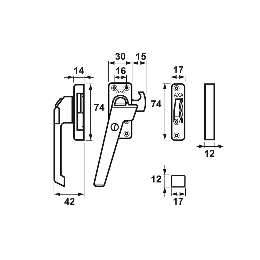 Technische tekening AXA 3320 raamsluiting met smalle opbouw sluitkom links