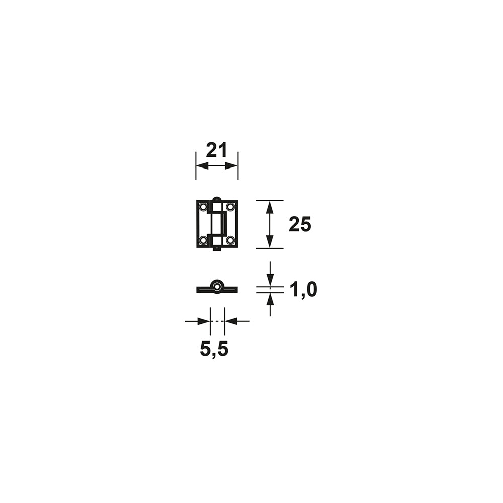 Technische tekening AXA 1100 ongelagerd smal scharnier 25x21 mm