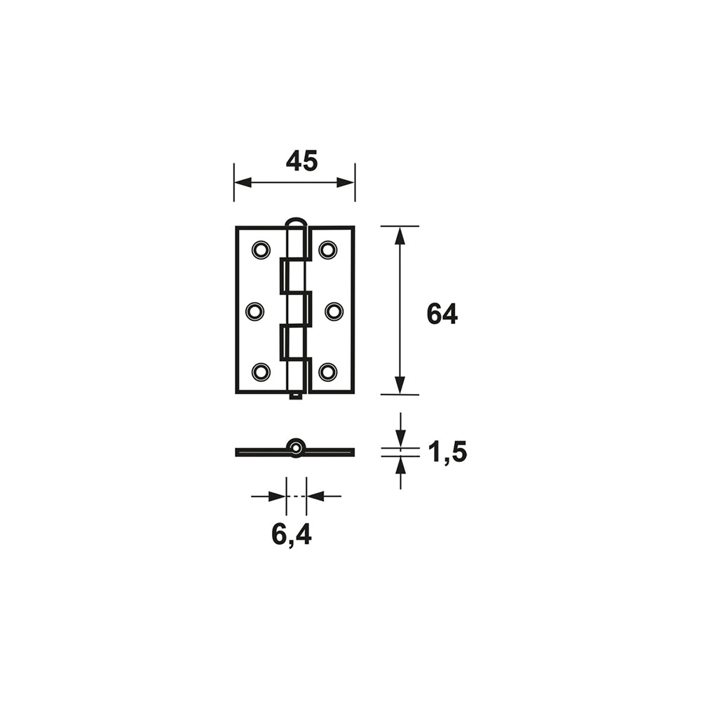 Technische tekening AXA 1101 ongelagerd smal scharnier 64x45 mm