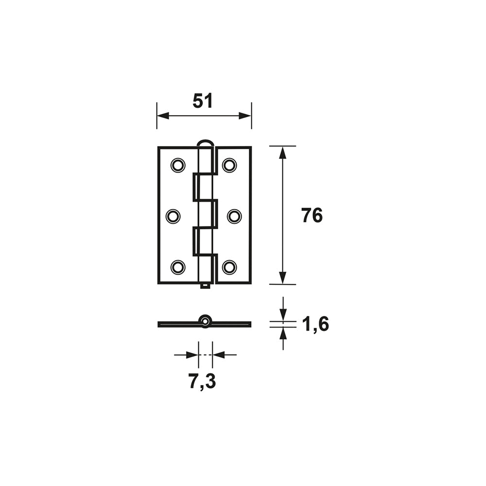 Technische tekening AXA 1101 ongelagerd smal scharnier 76x51 mm