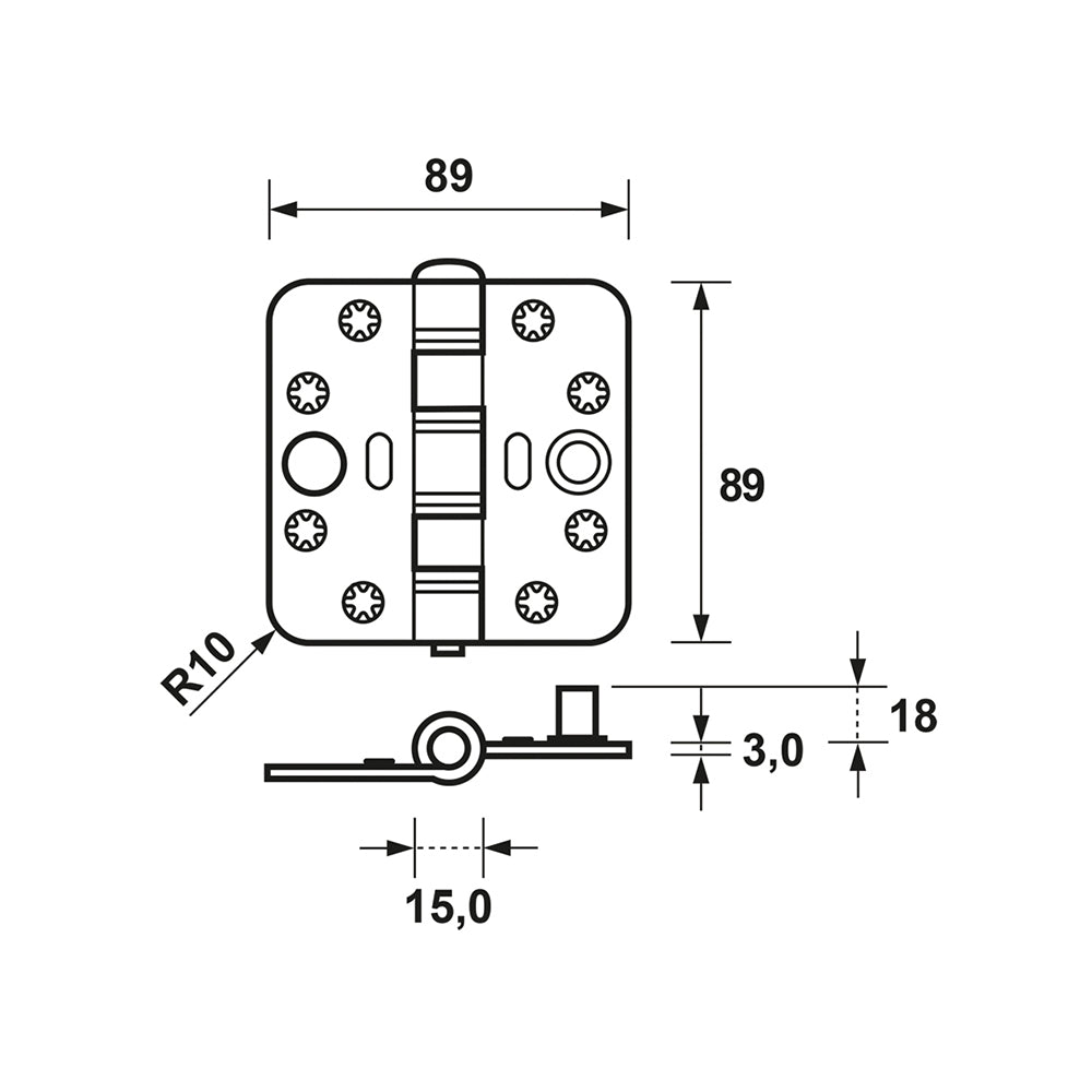Technische tekening AXA Smart veiligheidsscharnier Easyfix 1687 SKG*** 89x89 mm