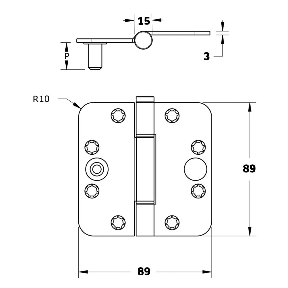 Technische tekening DX Glijlagerscharnier 89x89 mm SKG*** met ronde hoeken