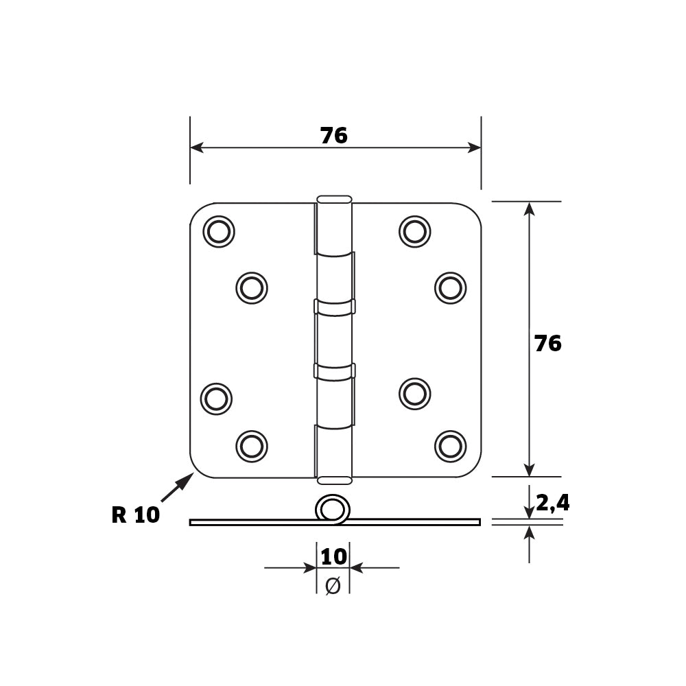 Technische tekening DX Kogellagerscharnier 76x76 RVS met ronde hoeken