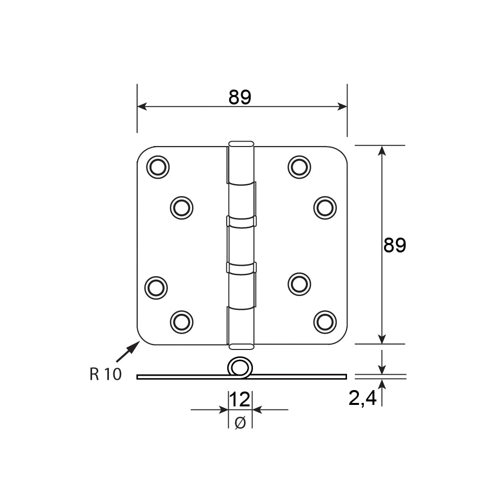 Technische tekening DX kogellagerscharnier 89x89 met ronde hoeken