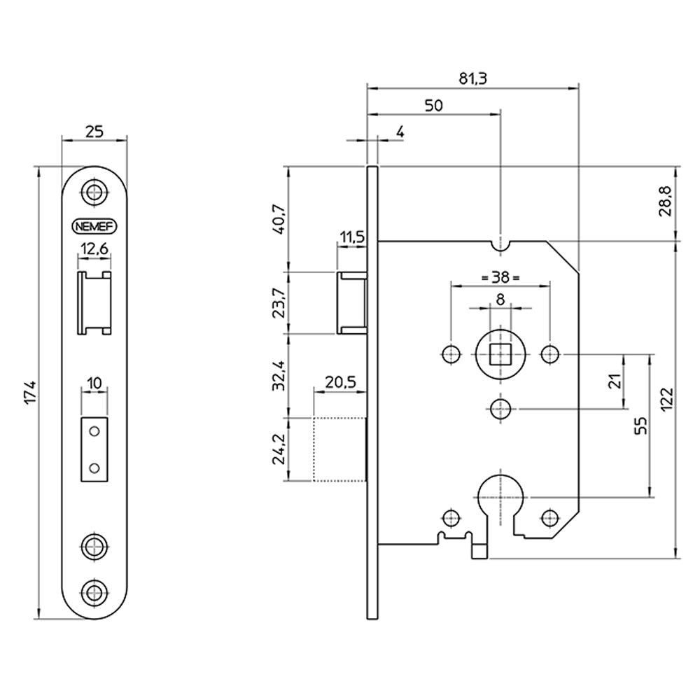 Technische tekening van Nemef veiligheidsslot SKG**® 4119/27