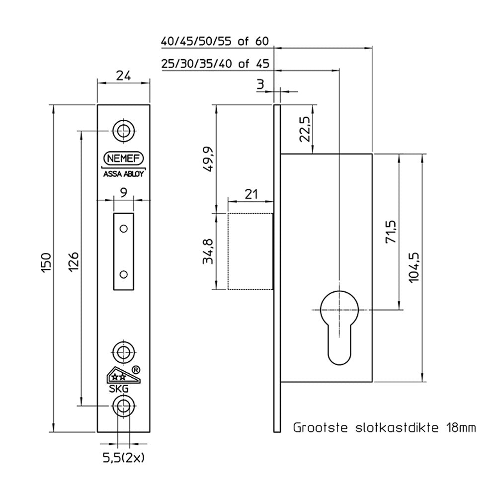 Technische tekening Nemef 4128/18 SKG** smalbijzetslot