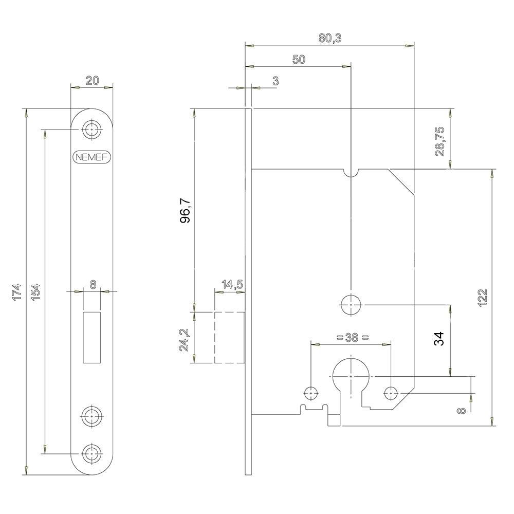 Technische tekening Nemef kastdeurslot 1258