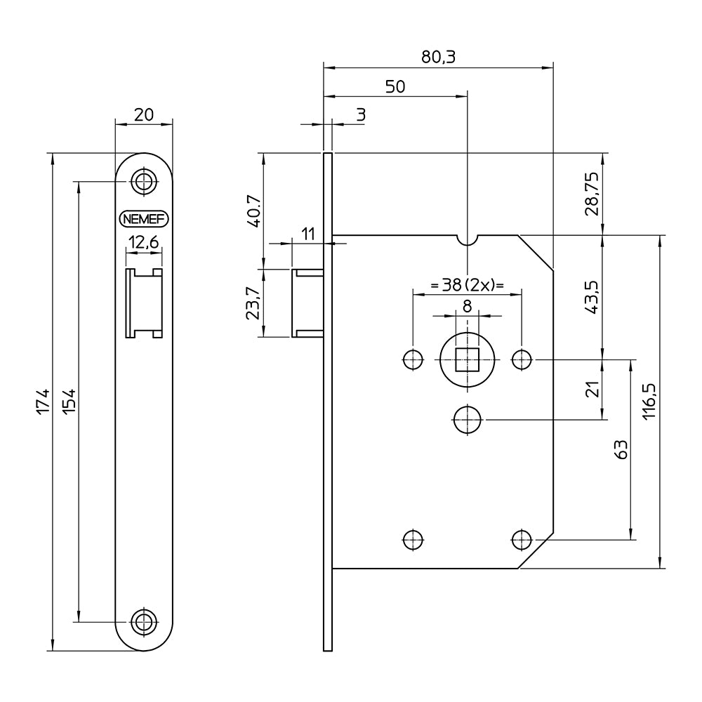 Technische tekening Nemef loopdeurslot 1255