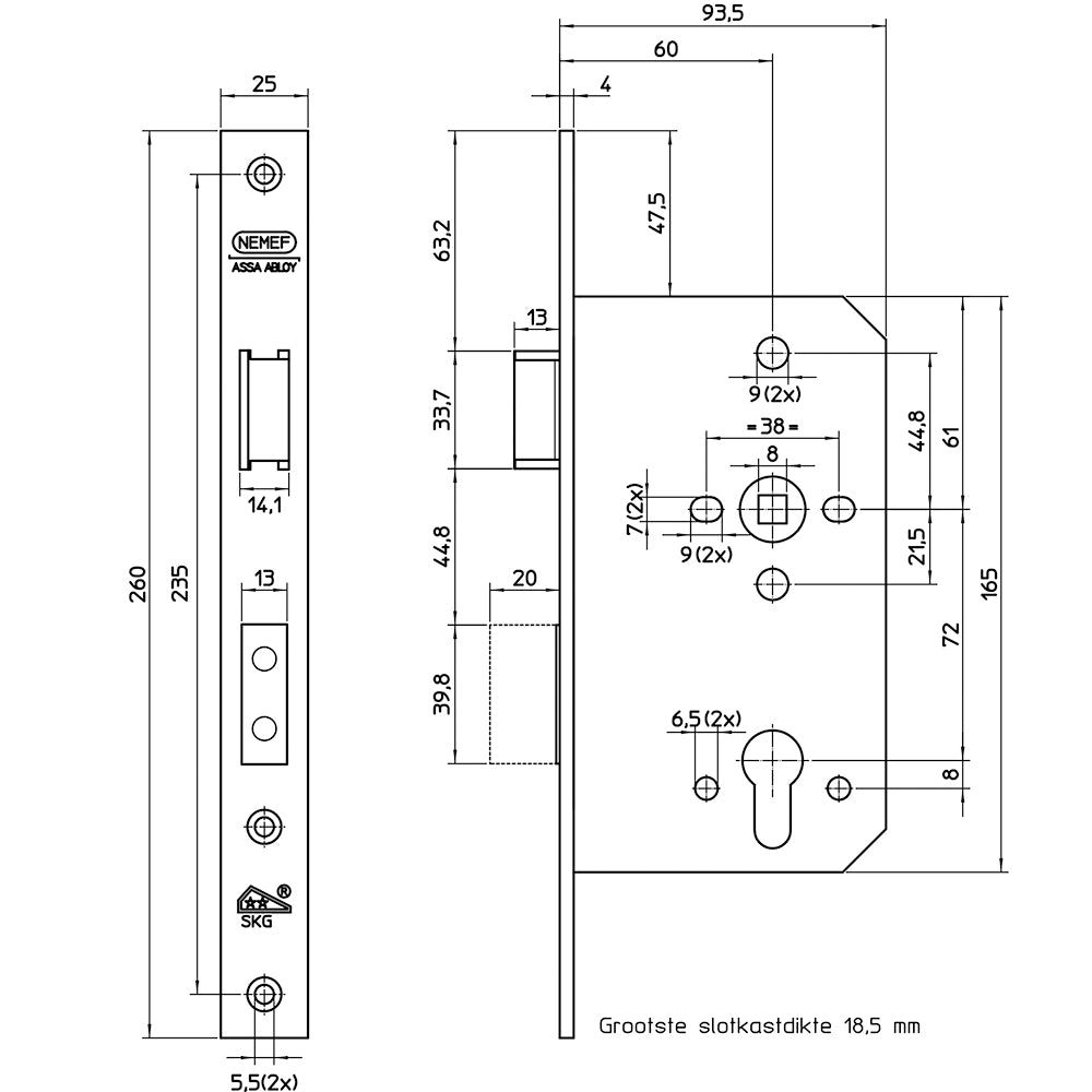Technische tekening Nemef veiligheidsslot 4129/17 met maatvoering