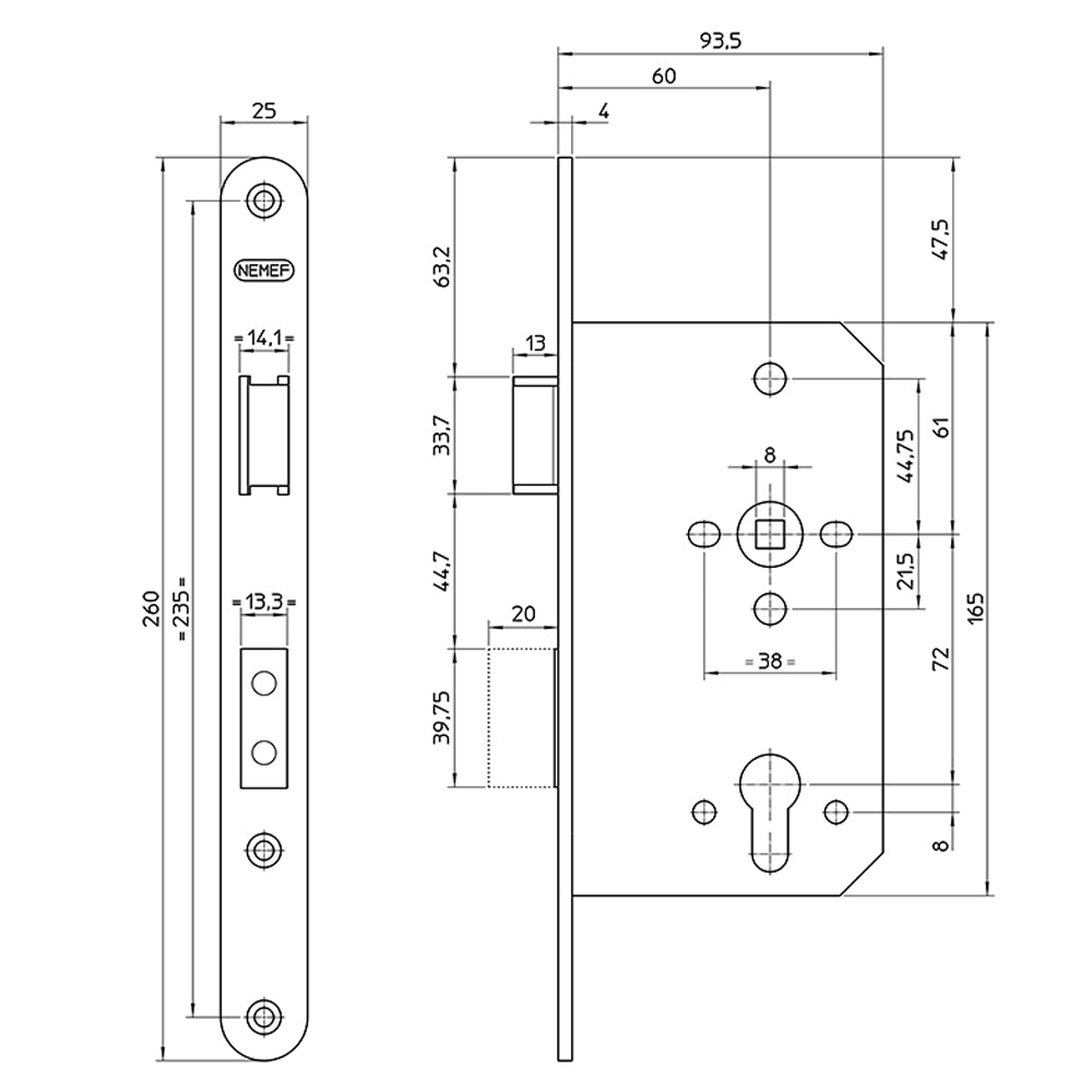 Technische tekening Nemef veiligheidsslot 4129/27 met maatvoering