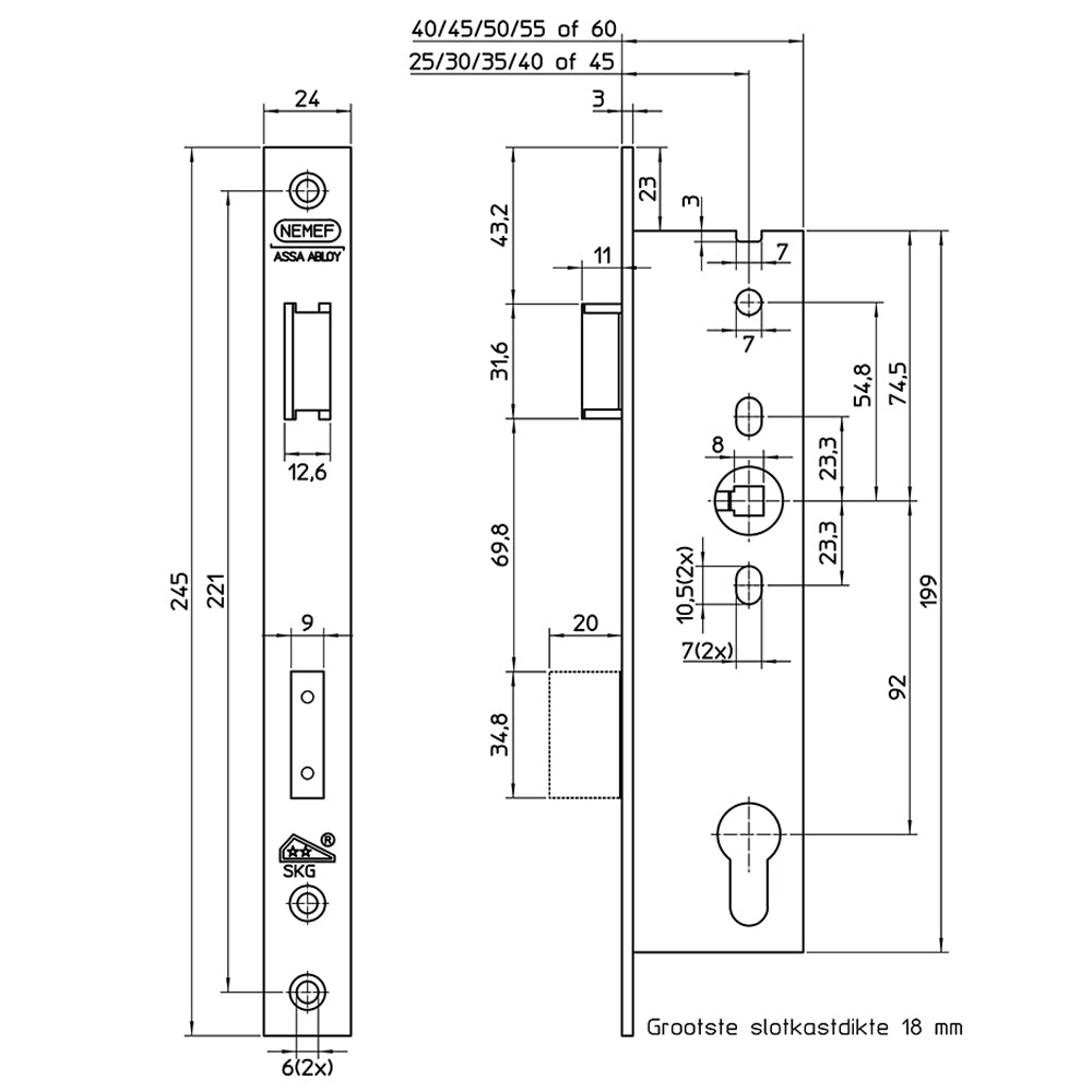 Technische tekening Nemef veiligheidsslot 4169/18 SKG**