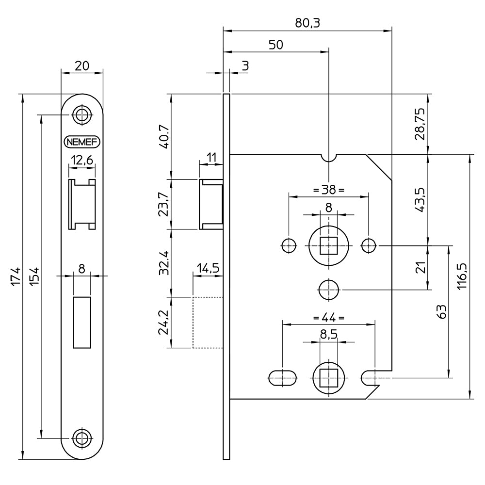 Technische tekening Nemef vrij- en bezetslot 1264