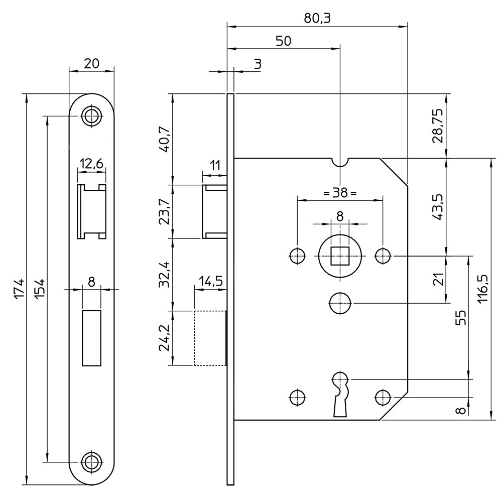 Technische tekening S2 dag- en nachtslot BSW 12DNSL met sleutelbediening en maatvoering
