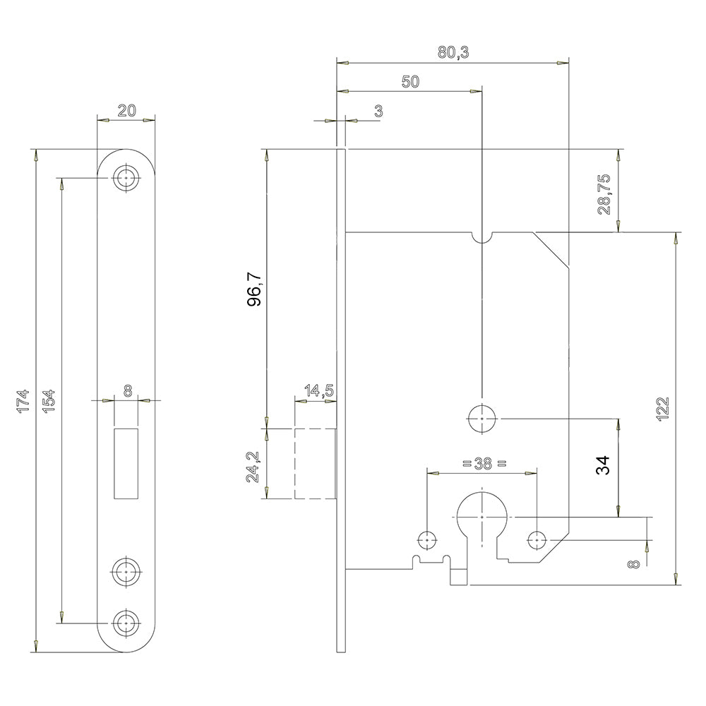Technische tekening S2 kastdeurslot BSW 12NPC met PC-uitsparing en maatvoering