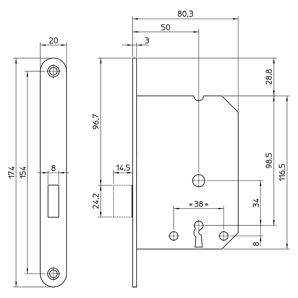 Technische tekening S2 kastdeurslot BSW 12NSL met nachtschoot en maatvoering