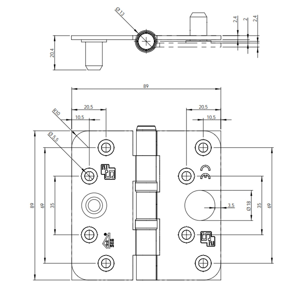 Technische tekening S2 kogellagerscharnier SKG*** 89x89 verzinkt met ronde hoeken