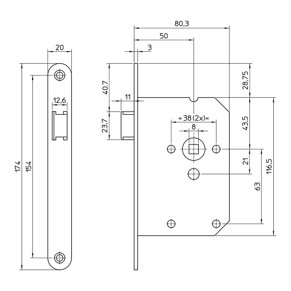 Technische tekening S2 loopslot BSW 12D met dagschoot en maatvoering