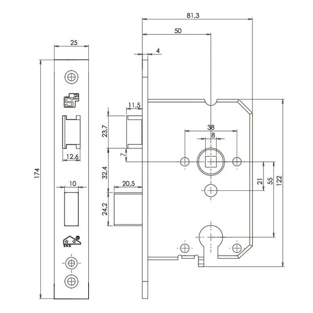 Technische tekening S2 veiligheidsslot SKG** PC55 met rechte voorplaat