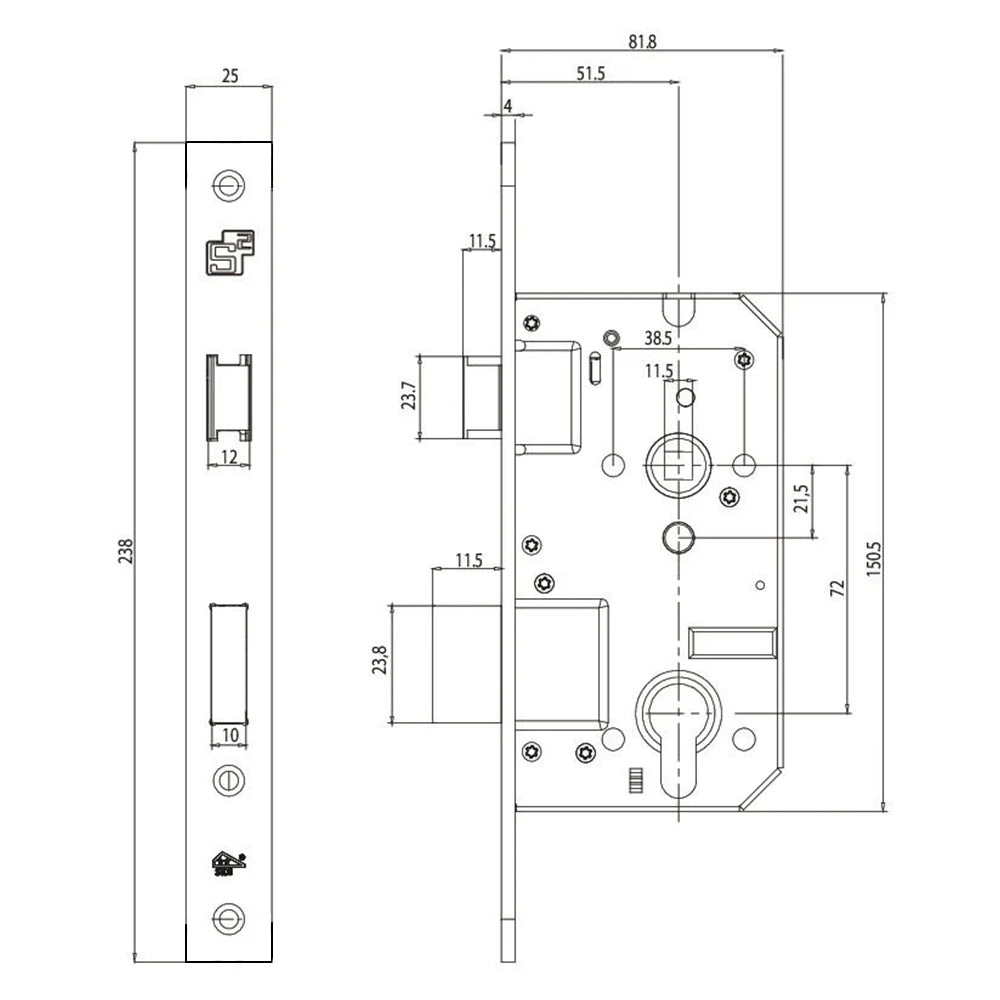Technische tekening S2 veiligheidsslot SKG** PC72 met rechte voorplaat